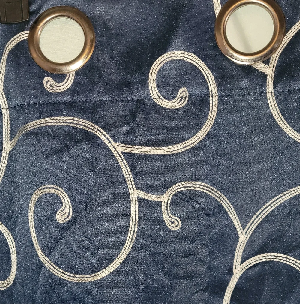 4 Navy Blue Satin Curtain Panels with Cream White Swirl Design, 26×84